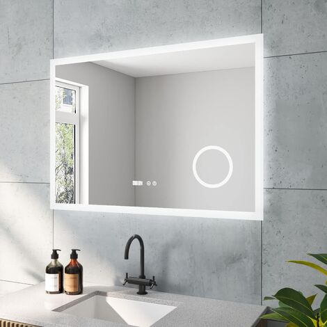 AQUABATOS ECHOS-Serie LED Badspiegel 100x70 cm Antibeschlag Kosmetikspiegel 3-Fach Vergrößerung Uhr Touch Schalter Dimmbar Memory-Funktion für Lichtschalter Farbtemperatur Kaltweiß 6400K (1/5)