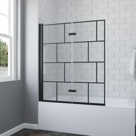 Badewannenaufsatz ohne bohren Schwarz matt Kariert 120 x 140 cm, Duschtrennwand für Badewanne Duschwand Glas aus 5 mm ESG glas , mit Nano Beschichtung