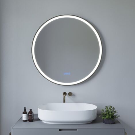 AQUABATOS Rund Badspiegel mit Beleuchtung Badezimmerspiegel LED Wandspiegel Beschlagfrei 3 Lichtfarben Temperatur Dimmbar 80 x 80 cm schwarzer Lichtspiegel mit Touchschalter