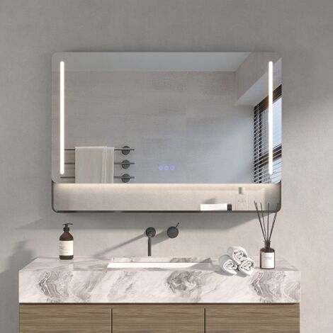 Badezimmerspiegel mit Regal 100 x 70 cm Badspiegel mit Beleuchtung Antibeschlag Wandspiegel Rechteckiger Lichtspiegel Dimmbar Touchschalter LED (1/5)