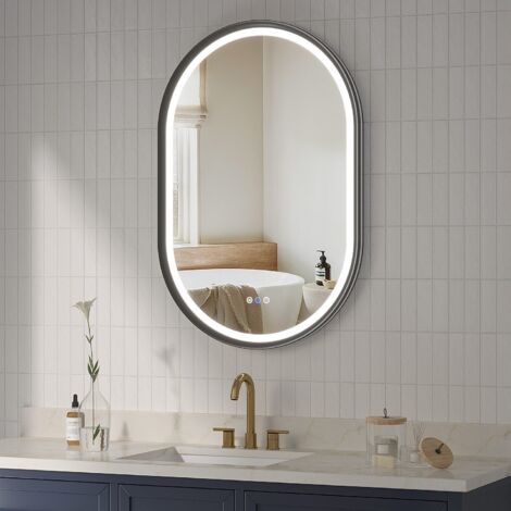 AQUABATOS Wandspiegel 60 x 90 cm Oval LED Spiegel Badspiegel Beschlagfrei Touch schalter, Alu-Rahmen für Schlafzimmer, Badezimmer, Flur