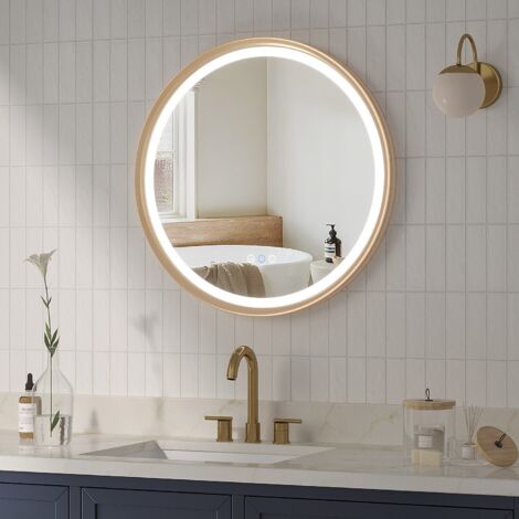 AQUABATOS Rund Badspiegel LED Badezimmerspiegel Antibeschlage 60 cm 3 Lichtfarben Dimmbar Wandspiegel Gebürstet-goldener Aluminiumrahmen Bad Spiegel (1/5)