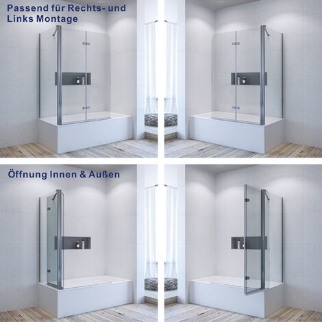 Badewannenfaltwand für Badewanne Eck Duschtrennwand Badewannenaufsatz 5 mm ESG glas mit Nanobeschichtung  1.100 x 70 x 140 cm silberne mit Seitenwand