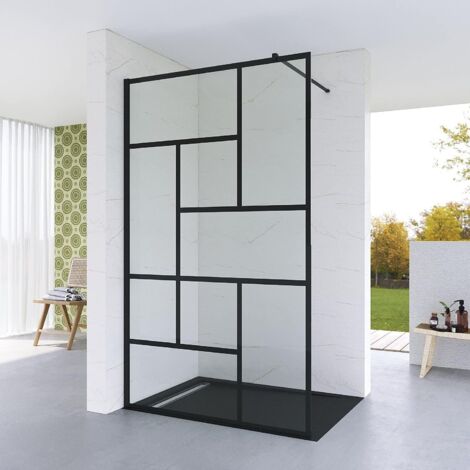 Glastrennwand Duschtrennwand 100 x 200 cm 8 mm ESG Echtglas klar Duschwand Glas Walk-in Dusche Duschabtrennung schwarz Dekor Kariert NANO Beschichtung AQUABATOS (1/5)