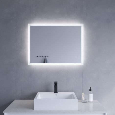 LED BadSpiegel mit Beleuchtung Badezimmerspiegel Beschlagfrei Ultradünn Wandspiegel Dimmbar Memory-Funktion Lichtspiegel Kaltweiß 6400K IP44 Einfach Stil AQUABATOS 80x60x2,5 cm (1/5)