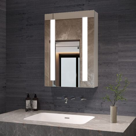 Spiegelschrank mit LED Beleuchtung Badezimmerschrank Aluminium Badschrank Doppelseitige Glasspiegel Infrarot IR Sensor Dimmbar Beschlagfrei Antibeschlag 50x70 cm Kaltweiß Licht 6400 Kelvin