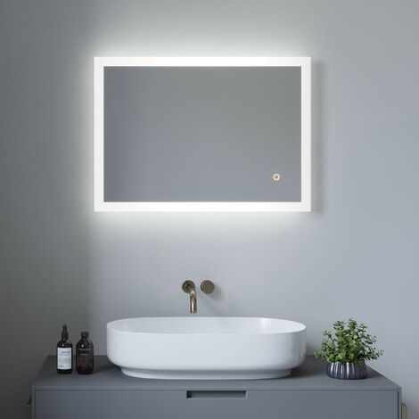 Badspiegel mit LED Beleuchtung Touch Wandspiegel Kaltweißer 6400K Wand-schalter,Dimmspeicher, Badezimmerspiegel IP44 energiesparend 50x70 cm Vertikal/Horizontal Montage Typ-1: eckige Ecken (1/5)