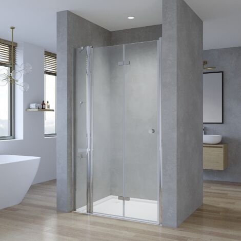 Duschabtrennung Nischentür Glas Drehfalttüren Dusche 180° Falttür 5 mm ESG Duschtür Duschwand mit Hebe-und Senkmechanismus Wandausgleich 20 mm & 10 mm Aqua Lavos 90x187 cm