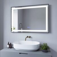 Badspiegel mit LED Beleuchtung Schwarz Rahmen 100x70cm SAUTENS Typ C Touch Sensor Dimmbar Spiegelheizung Kaltweiß 6400K Warmweiß 3000K