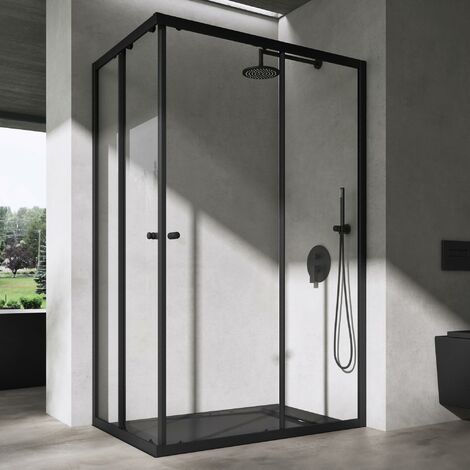 doporro® Duschkabine mit Schiebetür Duschabtrennung Klarglas 100x70cm Eckeinstieg Eckdusche 6mm ESG Glas Höhe 190cm Ravenna16K plus schwarz