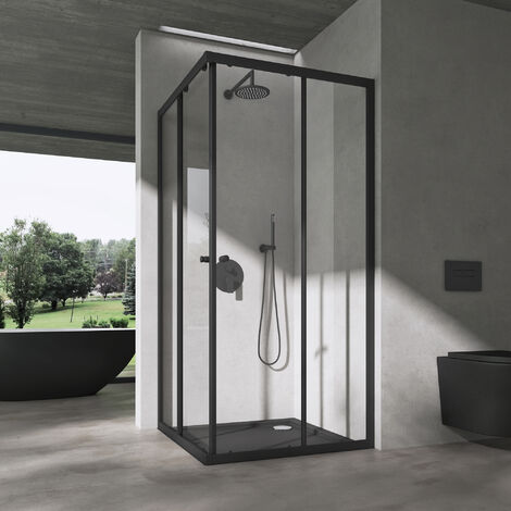 doporro® Duschkabine mit Schiebetür Duschabtrennung Klarglas 90x80cm Eckeinstieg Eckdusche 6mm ESG Glas Höhe 190cm Ravenna16K plus schwarz