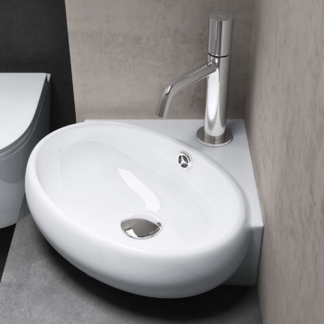 doporro® Aufsatzwaschbecken Hängewaschbecken Eckwaschbecken aus Keramik 395x385x145 mm weiß Handwaschbecken Gäste WC Waschtisch Brüssel002