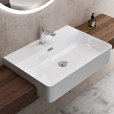 doporro® Einbauwashbecken Keramik Waschbecken Handwaschbecken Eckig Waschtisch in weiß glänzend Bad 60x42,5x12,5 cm Brüssel702