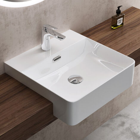 doporro® Einbauwashbecken Keramik Waschbecken Handwaschbecken Eckig Waschtisch in weiß glänzend Bad 42,5x42,5x12,5 cm Brüssel702