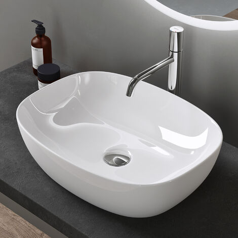 doporro® Aufsatzwaschbecken Keramik Waschbecken Oval Waschschlae 510x395x140 mm weiß glänzend Badezimmer Handwaschbecken Waschtisch Brüssel104