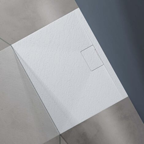 doporro Duschtasse Duschwanne 70x90x3 flach Mineralguss in Weiß inkl. Ablaufgarnitur AL06 DIN-Anschlüsse für bodenebene Montage geeignet Geoma07