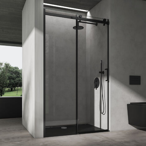 doporro® Nischentür Duschabtrennung 120x195 cm Duschtür mit Schiebetür 8mm ESG-Sicherheitsglas Klarglas Duschwand schwarz inkl. Nano-Beschichtung Teramo19K schwarz