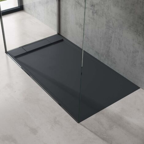 doporro Duschtasse Duschwanne 90x140x4 flach Mineralguss in Anthrazit inkl. Ablaufgarnitur AL06 DIN-Anschlüsse für bodenebene Montage geeignet Geoma04