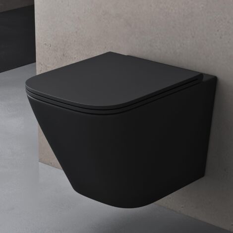 doporro Hänge-WC Spülrandlos Hänge-Toilette mit Tiefspüler inkl. Soft-Close Absenkautomatik matt schwarz Wand WC aus Keramik Wandmontage Aachen112
