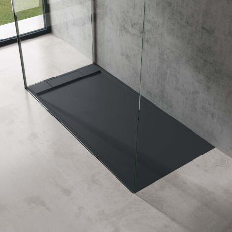 doporro Duschtasse Duschwanne 80x160x4 flach Mineralguss in Anthrazit DIN-Anschlüsse für bodengleiche Montage geeignet Geoma04