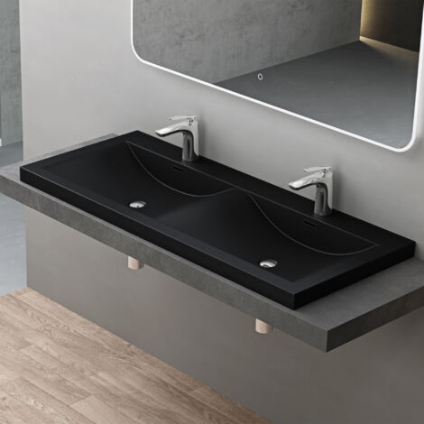 doporro Einbauwaschbecken Mineralguss Waschbecken BTH: 120x48x12cm in schwarz Gussmarmor Waschplatz Doppelwaschbecken Waschtisch Colossum03