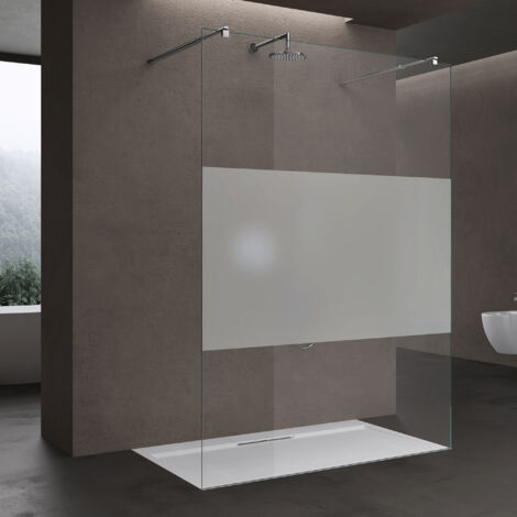 doporro Duschwand Duschtrennwand 150x200 Walk-In Dusche mit Doppel-Stabilisator aus Echtglas 8mm ESG-Sicherheitsglas Milchglas-Streifen inkl. Nanobeschichtung