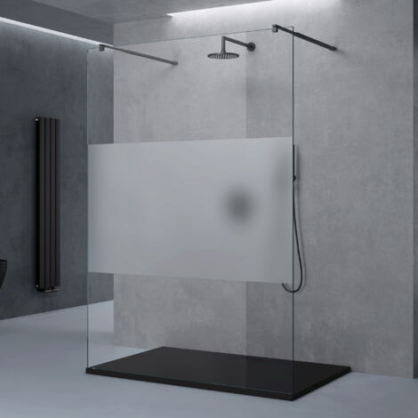 doporro Duschwand Duschtrennwand 150x200 Walk-In Dusche schwarz mit Doppel-Stabilisator aus Echtglas 8mm ESG-Sicherheitsglas Milchglas-Streifen inkl. Nanobeschichtung