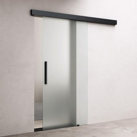 doporro Glasschiebetür Komplettset Softclose 90 x 205cm 15mm Wandabstand Schiebetür mit ESG-Sicherheitsglas Zimmertür Glas Vollsatiniert und Schwarz Stangengriff Amalfi-plus 14