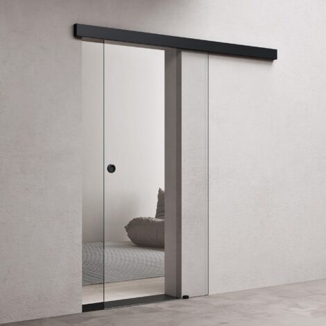 doporro Glasschiebetür Komplettset Softclose 77,5 x 205cm  15mm Wandabstand  Schiebetür mit ESG-Sicherheitsglas  Zimmertür Glas Klarglas und Schwarz Muschelgriff  Amalfi-plus 19