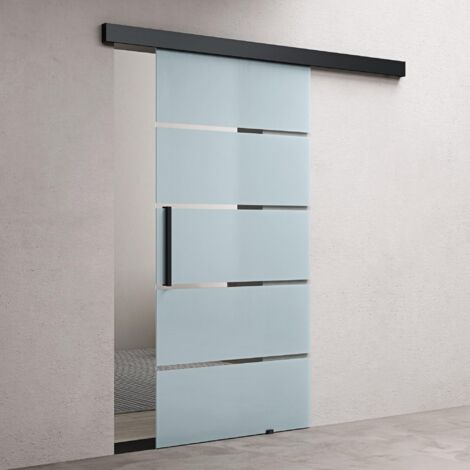 doporro Glasschiebetür Komplettset Softclose 90 x 215cm  25mm Wandabstand  Schiebetür mit ESG-Sicherheitsglas  Zimmertür Glas 5-Milchglas-Streifen und Schwarz Stangengriff  Amalfi-plus 13H