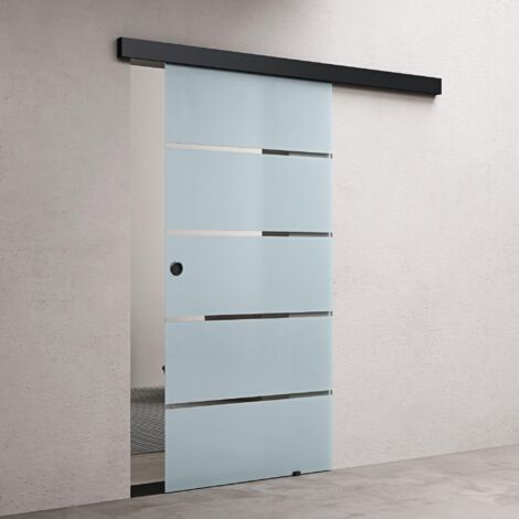 doporro Glasschiebetür Komplettset Softclose 102,5 x 205cm 25mm Wandabstand Schiebetür mit ESG-Sicherheitsglas Zimmertür Glas 5-Milchglas-Streifen und Schwarz Muschelgriff Amalfi-plus 11