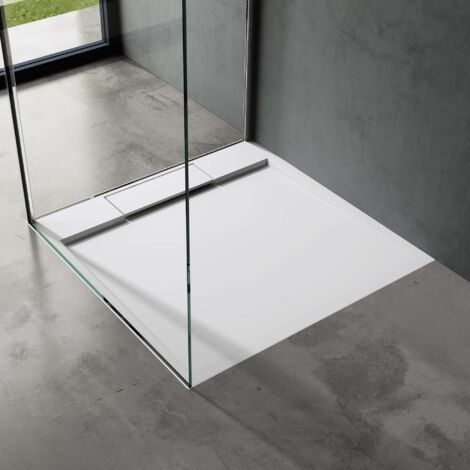 doporro Duschtasse Duschwanne 100x100x4 flach Mineralguss in Weiß inkl. Ablaufgarnitur AL06 DIN-Anschlüsse für bodenebene Montage geeignet Geoma04