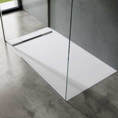 doporro Duschtasse Duschwanne 75x100x4 flach Mineralguss in Weiß DIN-Anschlüsse für bodengleiche Montage geeignet Geoma04