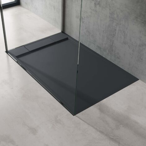 doporro Duschtasse Duschwanne 100x120x4 flach Mineralguss in Anthrazit inkl. Ablaufgarnitur AL06 DIN-Anschlüsse für bodenebene Montage geeignet Geoma04