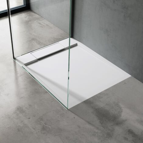 doporro Duschtasse Duschwanne 100x120x4 flach Mineralguss in Weiß DIN-Anschlüsse für bodenebene Montage geeignet Geoma04