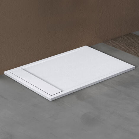 doporro Duschtasse Duschwanne 80x120x3cm aus Mineralguss in Weiß Rechteckig DIN-Anschlüsse für bodenebene Montage geeignet inkl. Ablaufgarnitur AL06 Geoma10
