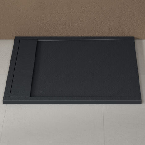 doporro Duschtasse Duschwanne 90x100x3cm aus Mineralguss in Anthrazit Rechteckig DIN-Anschlüsse für bodenebene Montage geeignet inkl. Ablaufgarnitur AL06 Geoma10