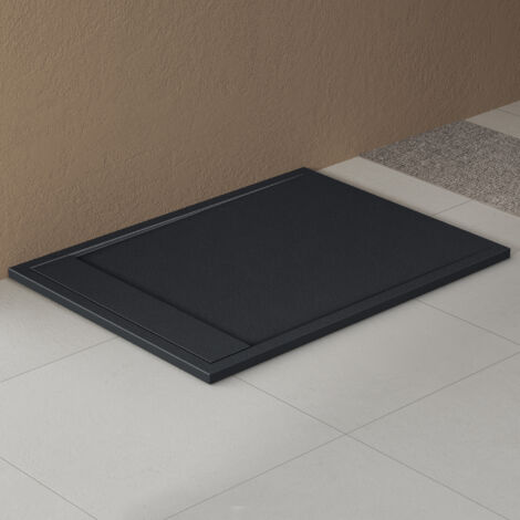 doporro Duschtasse Duschwanne 90x120x3cm aus Mineralguss in Anthrazit Rechteckig DIN-Anschlüsse für bodenebene Montage geeignet inkl. Ablaufgarnitur AL06 Geoma10