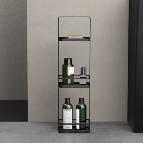 doporro Duschablage ohne Bohren, 3 Ebenen Badregal Stehend, Duschregal Schmales aus Metall, Modernes Design für Badezimmer und Toilette, Schwarz