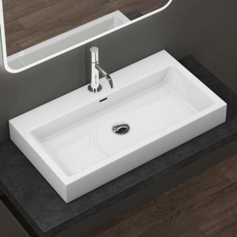 doporro Design Aufsatzwaschbecken Hängewaschbecken Waschbecken Weiß BTH 76,5x42x10 cm Waschtisch aus Mineralguss Colossum06