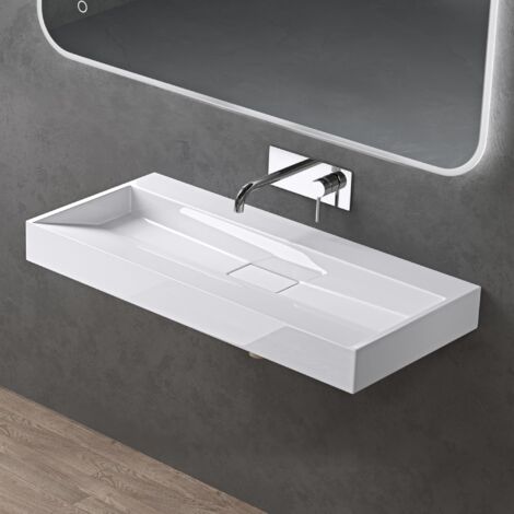 doporro Waschbecken Aufsatzwaschbecken Hängewaschbecken Waschtisch Mineralguss-Waschbecken Colossum19 100cm ohne Armaturloch weiß matt inkl. Ablaufgarnitur
