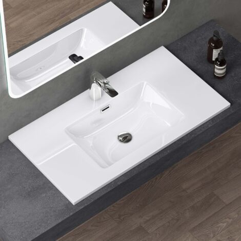 doporro Waschbecken Einbauwaschbecken mineralguss 80x48x14 cm weiß Einbauwaschtisch mit Überlauf Waschtisch Handwaschbecken Col02