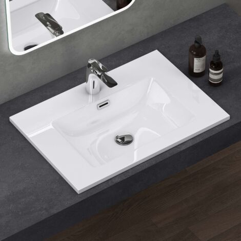 doporro Waschbecken Einbauwaschbecken mineralguss 70x48x14 cm weiß Einbauwaschtisch mit Überlauf Waschtisch Handwaschbecken Col02