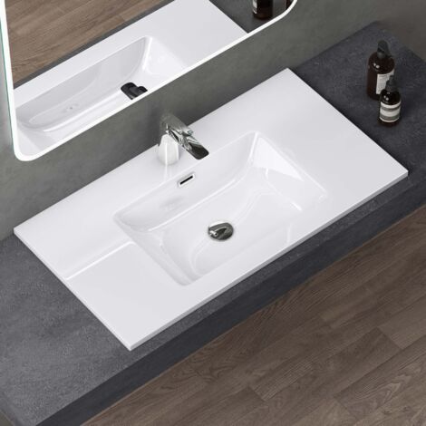 doporro Waschbecken Einbauwaschbecken mineralguss 90x48x14 cm weiß Einbauwaschtisch mit Überlauf Waschtisch Handwaschbecken Col02