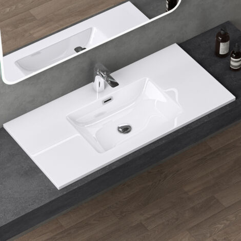 doporro Waschbecken Einbauwaschbecken mineralguss 100x48x14 cm weiß Einbauwaschtisch mit Überlauf Waschtisch Handwaschbecken Col02