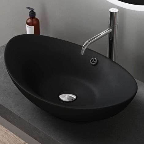 doporro Waschbecken Oval Aufsatzwaschbecken Bad 59x38x19cm Brüssel 818  Lotuseffekt durch Nanoversiegelung  Aufsatzwaschbecken aus Keramik in Matt Schwarz