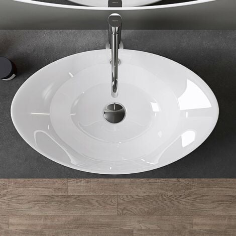 doporro Waschbecken Oval Aufsatzwaschbecken Bad 59x38x19cm Brüssel 818  Lotuseffekt durch Nanoversiegelung  Aufsatzwaschbecken aus Keramik in Weiß Matt