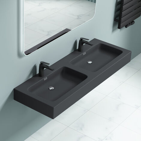 doporro Doppelwaschbecken Waschbecken BTH: 140x48x13 cm Partner-Waschbecken aus Gussmarmor Anthrazit (Matt) Colossum830 (1/5)
