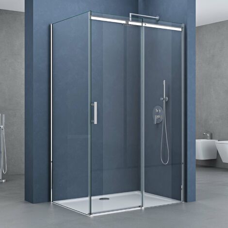 doporro Eckdusche 100x120cm Eck-Duschkabine Duschabtrennung inkl. 4cm flacher Duschtasse in Weiß ESG-Sicherheitsglas Klarglas Schiebetür inkl. Easy-Clean-Beschichtung Einstieg Links