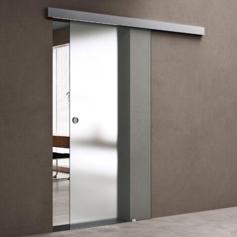 doporro Glasschiebetür Komplettset 102,5 x 205 cm 15mm Wandabstand Schiebetür mit ESG-Sicherheitsglas Zimmertür Glas Satiniert mit Muschelgriff Amalfi-plus 12